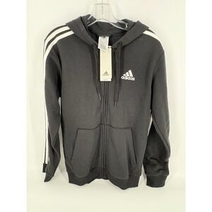 Adidas Mens Full Zip Hoodie Sweatshirt Black White 3‎ Stripes Regular Fit